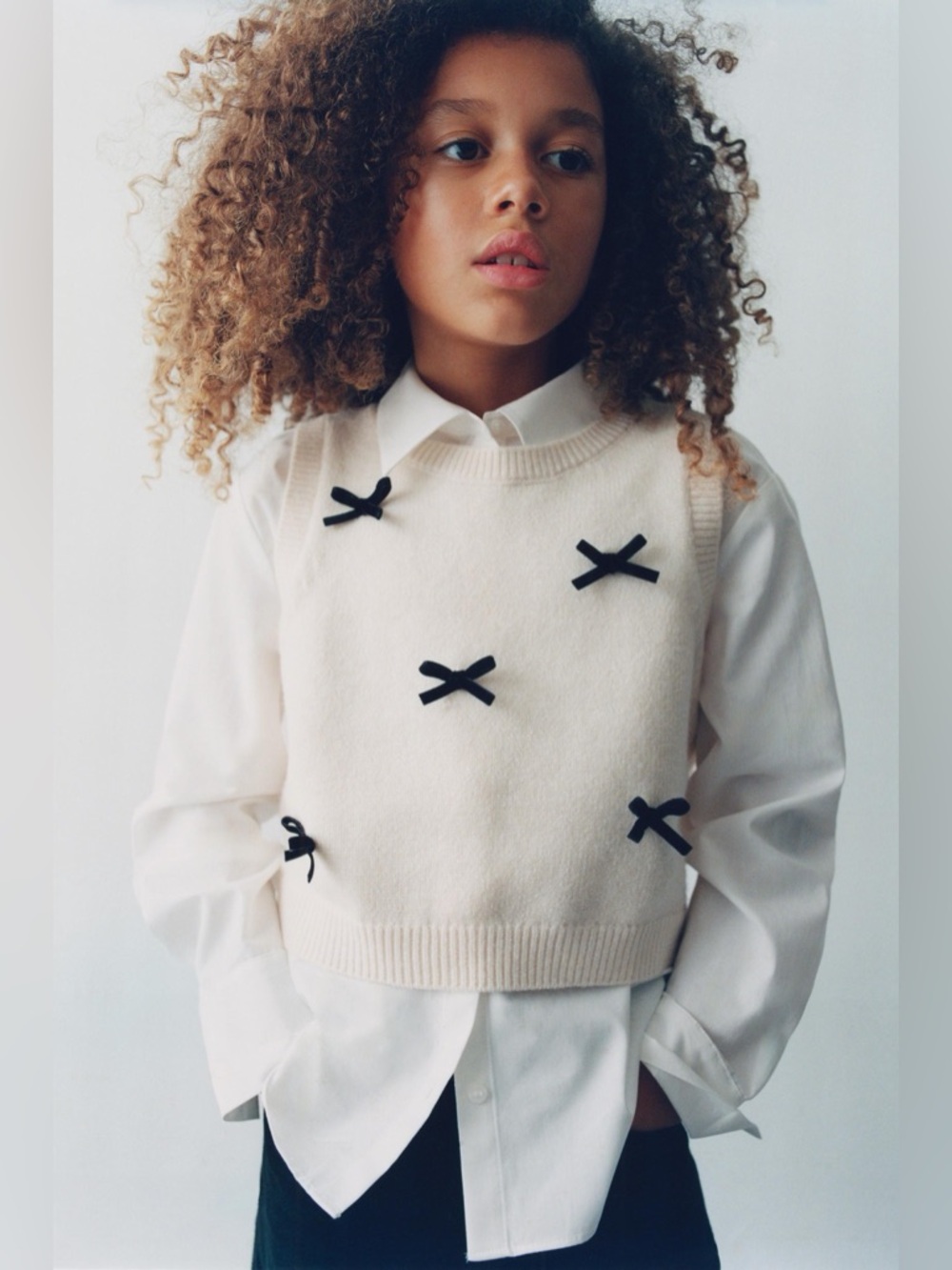 Zara Cream Knit Vest with Black Bow Accents